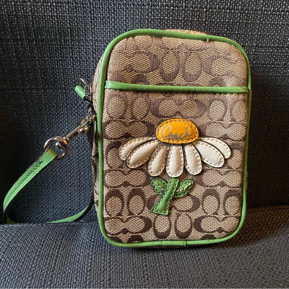 Coach Brown and Green Floral Wristlet